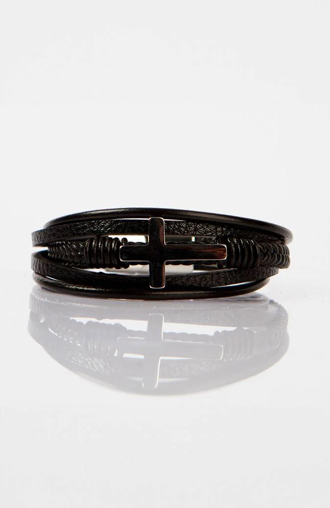 Black Leather Cross Bracelet