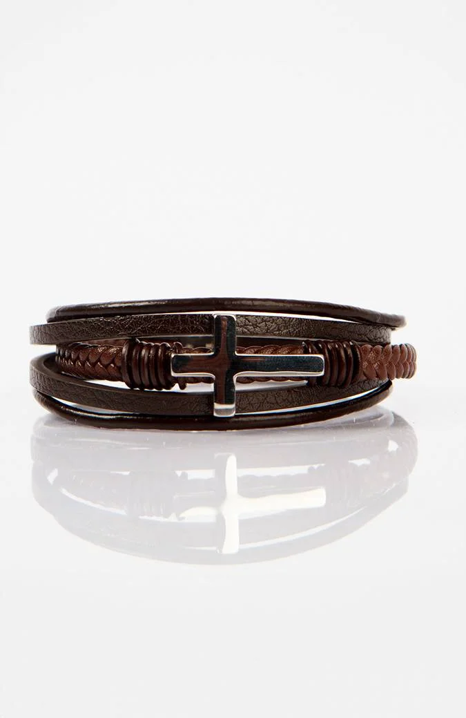 Brown Leather Cross Bracelet