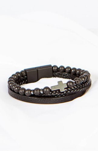 Men's Cross Black Leather Bracelet With Beads