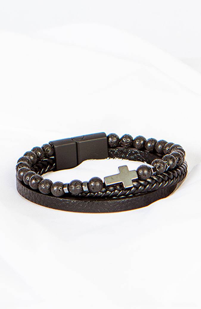 Men's Cross Black Leather Bracelet With Beads