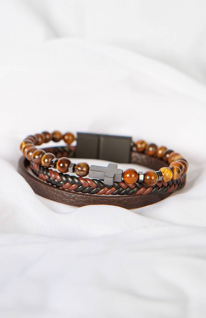 Men's Cross Brown Leather Bracelet With Beads